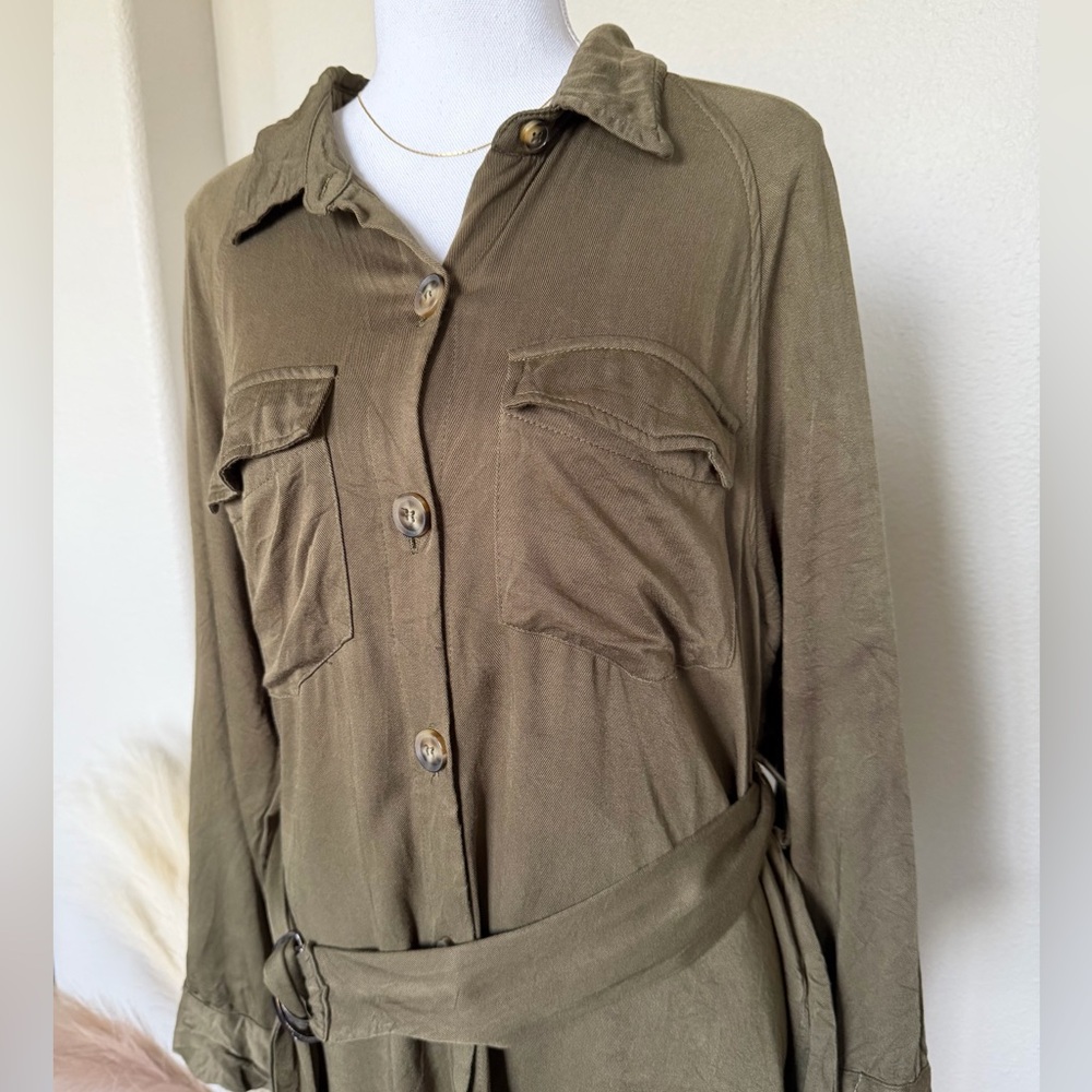 100% Cotton Olive Green Belted Shirt Dress - Picture 5 of 14